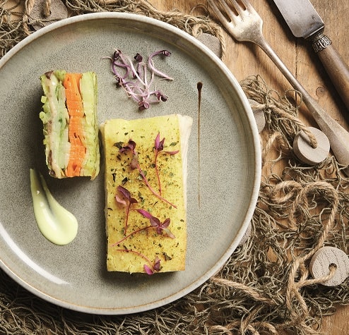 Recette Dos de colin lieu à la viennoise, millefeuille de légumes
